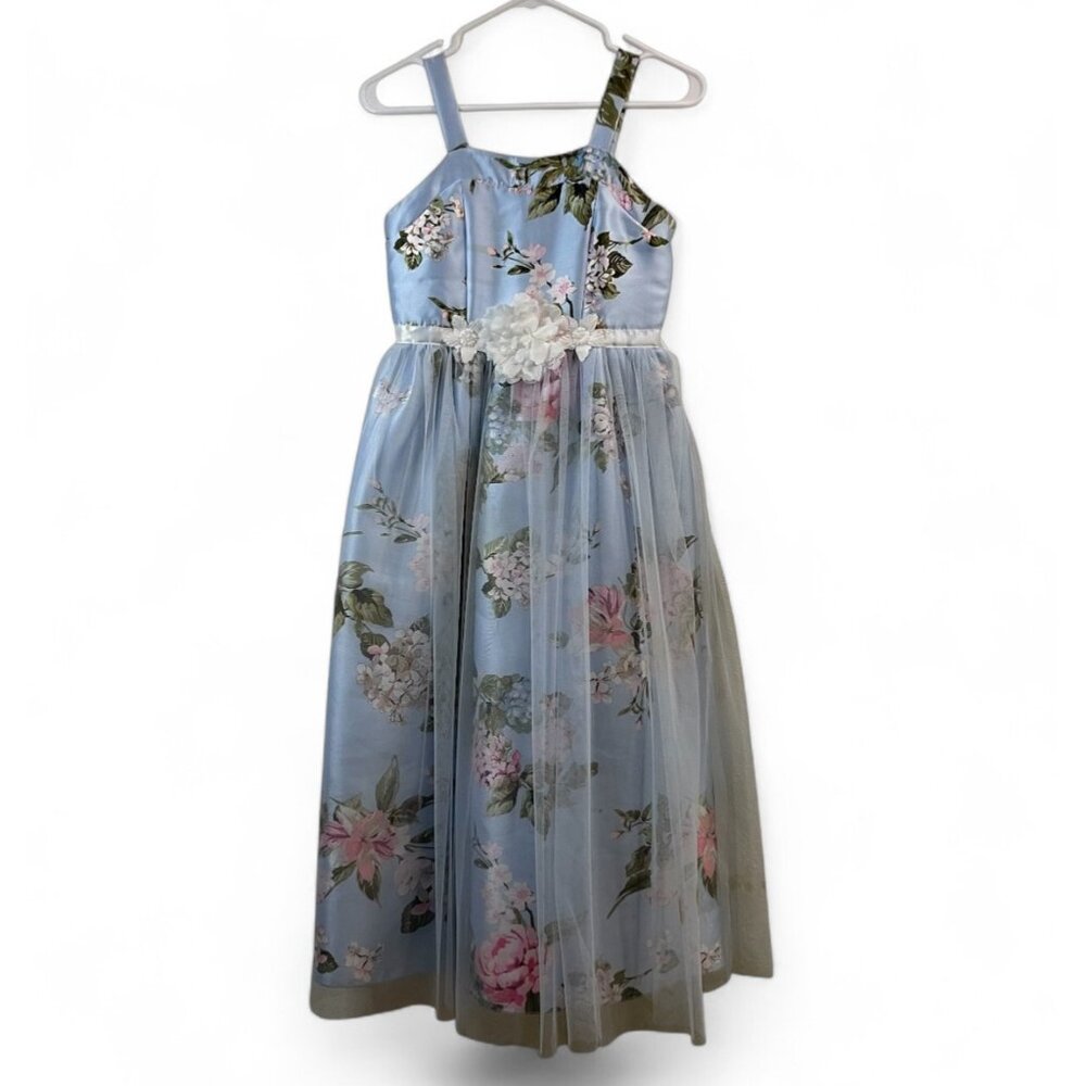 Floral Light Blue Sleeveless Girls Party Dress With Tulle Overlay & Satin Finish - Picture 1 of 14
